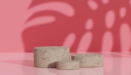 Minimal background for branding and product presentation. Palm leaf shadow on pink background. 3d rendering illustration.