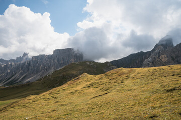 Cloudy Dolomites Gusela mountain, Passo di Giau with peak Ra Gusela. Location place Dolomiti Alps,...