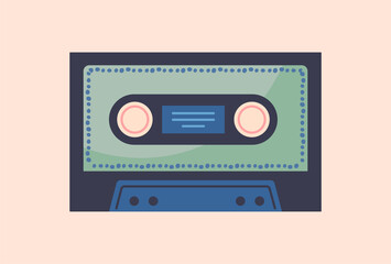 Retro entertainment concept. Poster with vintage blue cassette with recorded music and songs. Old device for tape recorders. Design element for social networks. Cartoon flat vector illustration
