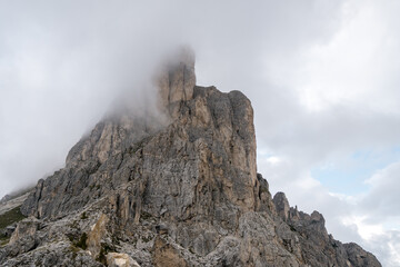 Cloudy Dolomites Gusela mountain, Passo di Giau with peak Ra Gusela. Location place Dolomiti Alps, Cortina d'Ampezzo, South Tyrol, Italy, Europe.