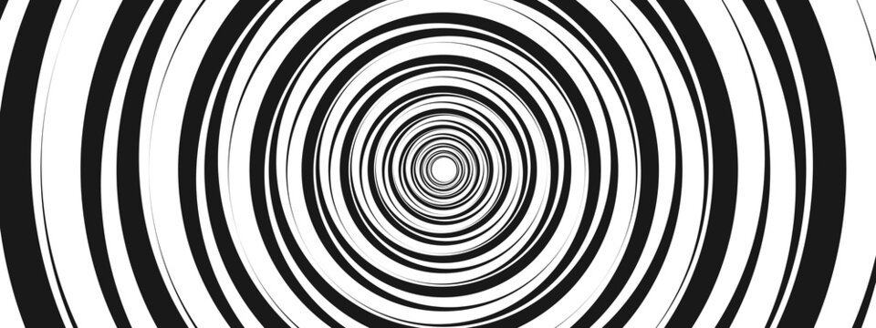Vector abstract halftone background. Monochrome tunnel design. Texture of circles twisted into spiral, hypnosis, maze. Design of banner, poster for website, frame for social networks.