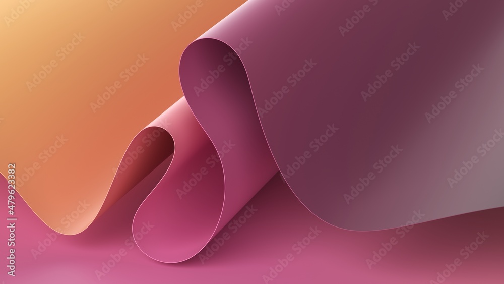 Wall mural 3d render, abstract background with folded paper scroll, modern wallpaper with yellow pink gradient,