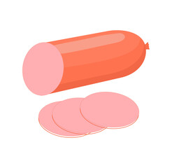 Meat semi finished product concept. Colorful sticker with sliced stick of milk sausage from chicken. Ingredient for making sandwiches. Cartoon flat vector illustration isolated on white background