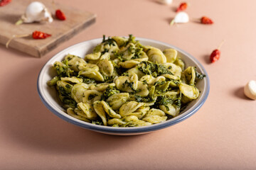 Fresh orecchiette with turnip greens. Typical dish of Puglia, southern Italy. Suitable for those who follow a vegetarian diet