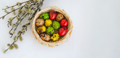 Quail eggs painted in different colors in a light wicker basket on a white background