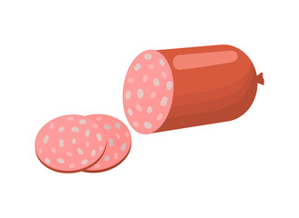 Meat semi finished product concept. Colorful sticker with delicious salami sausage. Quality ingredient for cooking pizza and other dishes. Cartoon flat vector illustration isolated on white background