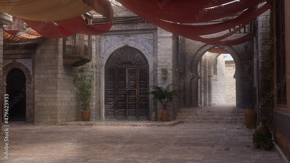 Poster empty shaded courtyard in a medieval arabian city street with patches of sunlight. 3d rendering.