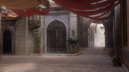 Empty shaded courtyard in a medieval Arabian city street with patches of sunlight. 3D rendering. - obrazy, fototapety, plakaty