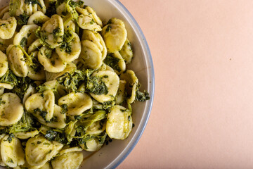 Fresh orecchiette with turnip greens. Typical dish of Puglia, southern Italy. Suitable for those who follow a vegetarian diet
