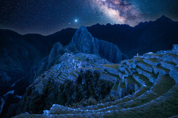 Milky Way over Machu Picchu at night - lost city of Incan Empire, Peru - obrazy, fototapety, plakaty