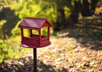 Red wooden bird feeder (birdhouse) with a roof in a city park. Sunny day, autumn. The feeder stands on a metal stand on the ground. Free space for text.