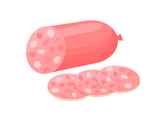 Meat semi finished product concept. Sticker with stick of chopped smoked chicken sausage with pieces of fat. Delicious delicacy for snack. Cartoon flat vector illustration isolated on white background