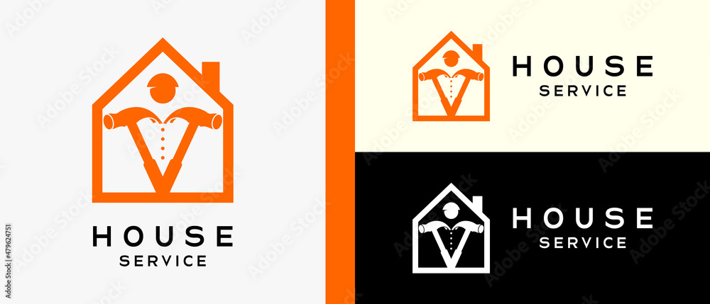 Wall mural home improvement renovation service logo template. house icon with line art and two pliers shape people icon. premium vector logo illustration