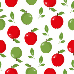 Red, green apple and leaves seamless pattern on white background. Flat vector illustration