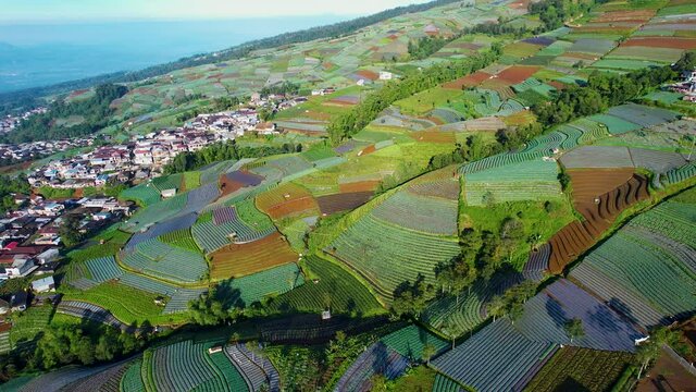 Aerial view of the Nepal van java is a Rural tour on the slopes of mount sumbing, The beauty of building houses in the countryside of the mountainside. Magelang, Indonesia