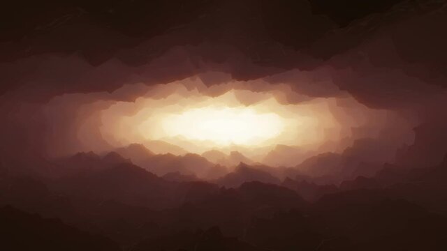 Camera flying Endlessly into a stylized Stone cave toward light with red atmosphere. 4K 3d animation looping background