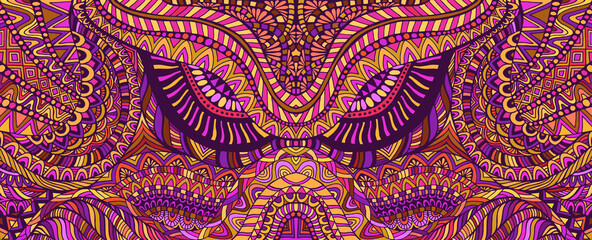 Psychedelic creative colorful symmetrical pattern design art. Surreal abstract decorative pattern with doodle maze of ornaments. Vector hand drawn illustration art