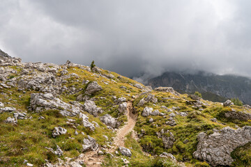 Cloudy Dolomites Gusela mountain, Passo di Giau, Location place Dolomiti Alps, Cortina d'Ampezzo, South Tyrol, Italy, Europe.