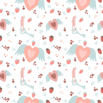 Romantic pattern for saint valentines day with vintage key and angel wings heart