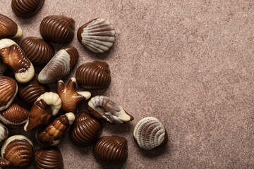 chocolats au lait fourré praliné escargot et coquillage avec poudre de cacao 