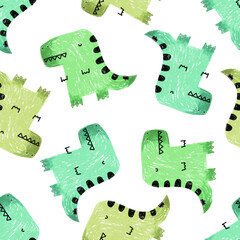 Pencil hand-drawn colored seamless repeating children pattern with cute dinosaurs in Scandinavian style on a white background. Kids pattern with dinosaurs. Cute baby animals. © ZHUKO