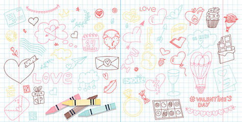 Big doodle set of icons for Valentine s day. Vector illustration for the holiday on February 14. Hand draw set for romance, wedding, date, invitation, greeting card, love. Icons for banners, sales