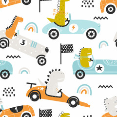 Vector handgetekende naadloze kinderachtig patroon met leuke grappige dinosaurus rijdt in een racewagen op een witte achtergrond. Kinderen textuur voor stof, verpakking, textiel, behang, kleding. Scandinavisch ontwerp.