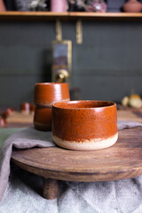 Handmade ceramic cups on the table