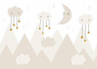 Vector children hand drawn color mountain illustration in scandinavian style. Mountain landscape, clouds and cute moon. Kids wallpaper. Mountainscape, baby room design, wall decor. - obrazy, fototapety, plakaty