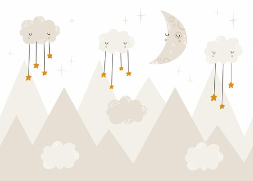 Vector children hand drawn color mountain illustration in scandinavian style. Mountain landscape, clouds and cute moon. Kids wallpaper. Mountainscape, baby room design, wall decor.