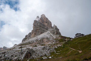 Forcella Nuvolau and Rifugio Averau (refuge), the path to the Cinque Torri. Nuvolau, Dolomites Alps, Italy