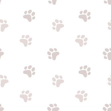 Vector illustration of animal paw print on white color background. Flat style design of seamless pattern with cat paw