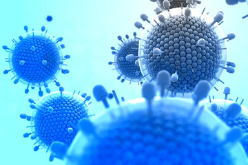 Paramyxovirus mumps , COVID pandemic, Close-up of virus under microscope. Realistic high quality medical 3d render.