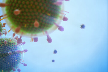 Paramyxovirus mumps , COVID pandemic, Close-up of virus under microscope. Realistic high quality medical 3d render.
