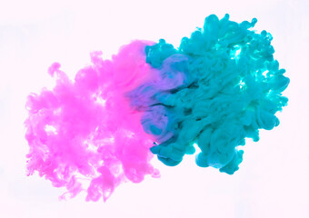 two pink and green acrylic ink clouds colliding in the water