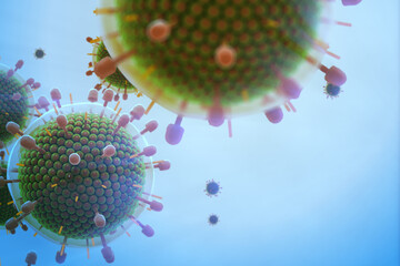 Paramyxovirus mumps , COVID pandemic, Close-up of virus under microscope. Realistic high quality medical 3d render.