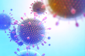 Paramyxovirus mumps , COVID pandemic, Close-up of virus under microscope. Realistic high quality medical 3d render.