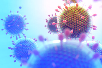 Paramyxovirus mumps , COVID pandemic, Close-up of virus under microscope. Realistic high quality medical 3d render.