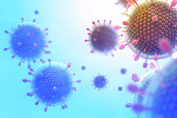 Paramyxovirus mumps , COVID pandemic, Close-up of virus under microscope. Realistic high quality medical 3d render.