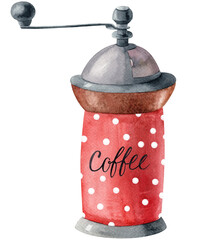 Watercolor red retro coffee grinder, hand drawn illustration