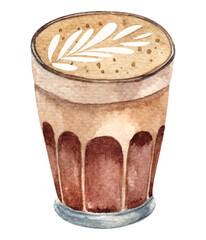Hand drawn glass of coffee on watercolor paper isolated on white background. food illustration.