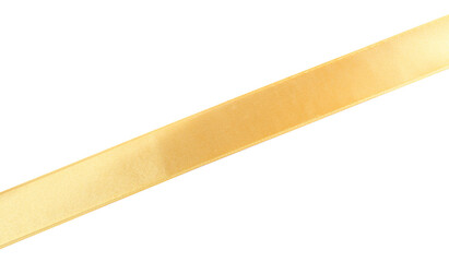 Golden satin ribbon on white background, top view