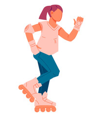 Teen girl riding on roller skates flat vector illustration isolated on white background. Child roller skater for kids sport and outdoor games topic.
