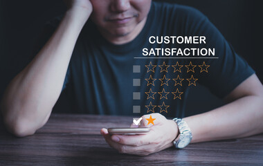 Customer dissatisfaction experience concept, business male customer hand-holding head, disappointed with bad service, by rating through smartphone, bad review, low rating, no service mind. - obrazy, fototapety, plakaty