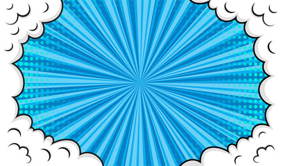 Pop art background . Cartoon Superhero banner with clouds, frame and halftone. Retro blue poster with balloons. Funny shape in comic style. Sky air texture. Vintage sunburst effect Vector illustration - obrazy, fototapety, plakaty