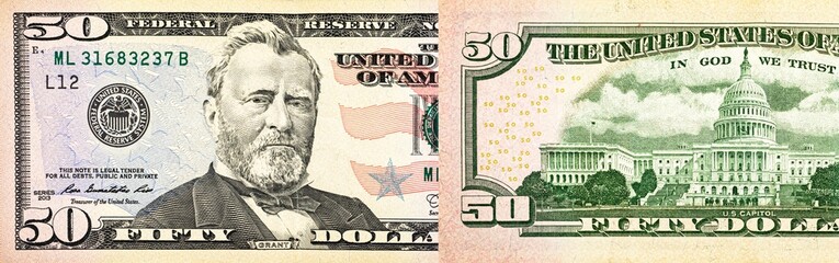 50 dollar bill, two sides background, banner. USA money, American cash