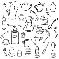 Hand drawn doodle Tea time icon set. Vector outline coffee and tea drawings for cafe menu.