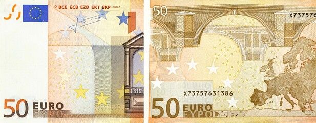 Banknote 50 fifty euro. Two sides background. Macro view of paper money