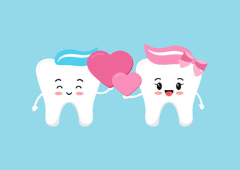 Tooth couple in love with hearts in hand. Happy Valentines Day cute teeth holds pink hearts. Flat design cartoon funny dental character vector illustration. 