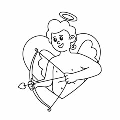 Cute cartoon line cupid with bow and arrow in heart shape. Trendy vector outline Illustration of a Valentine's Day. Coloring page